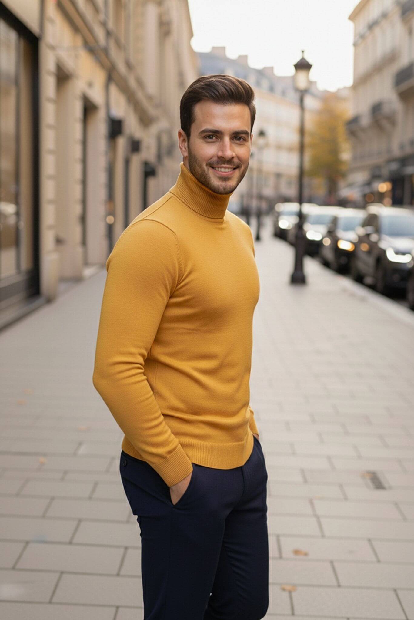 Men's Yellow Cotton Blend Turtleneck Sweater - SUITHARBOR