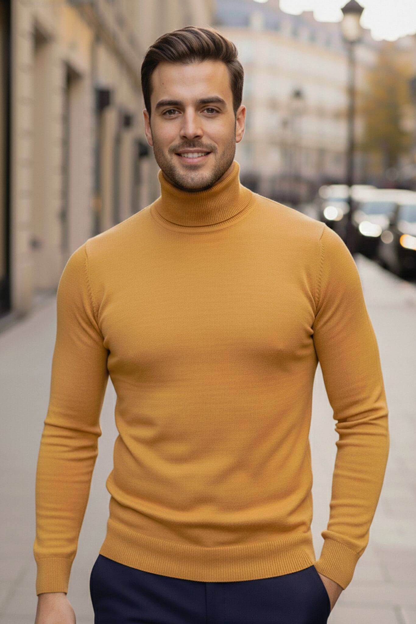Men's Yellow Cotton Blend Turtleneck Sweater - SUITHARBOR