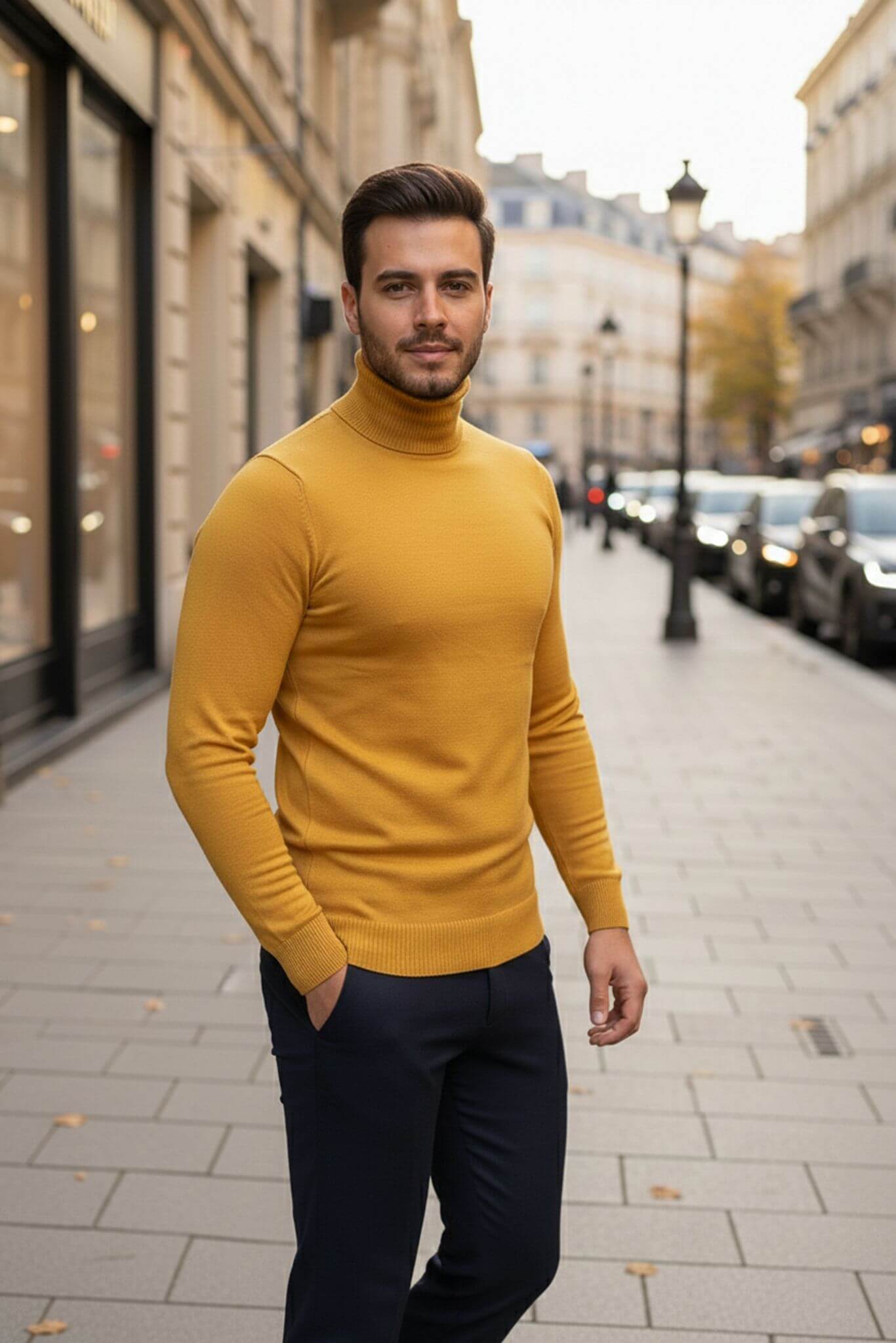 Men's Yellow Cotton Blend Turtleneck Sweater - SUITHARBOR