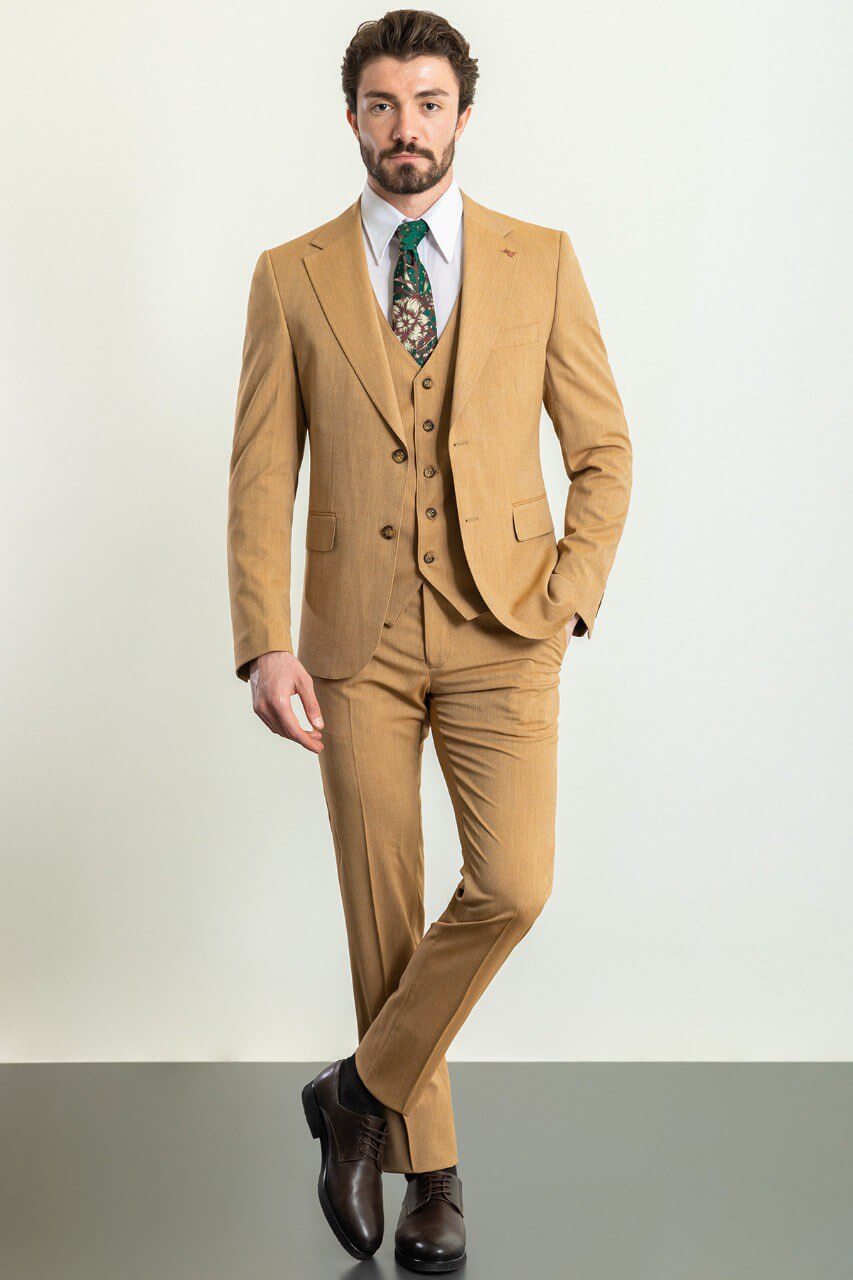 Man wearing a Mustard Prestige 3-Piece Suit, showcasing premium men's 3-piece suits from Suitharbor.