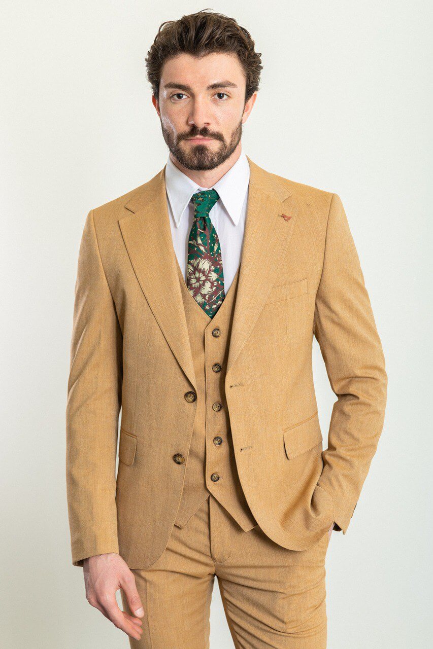 Man wearing a Mustard Prestige 3-Piece Suit, showcasing premium men's 3-piece suits from Suitharbor.