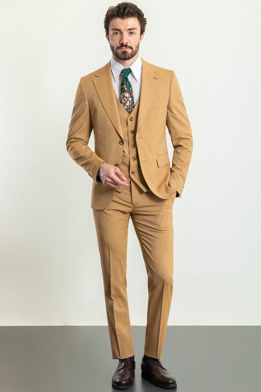 Man wearing a Mustard Prestige 3-Piece Suit, showcasing premium men's 3-piece suits from Suitharbor.