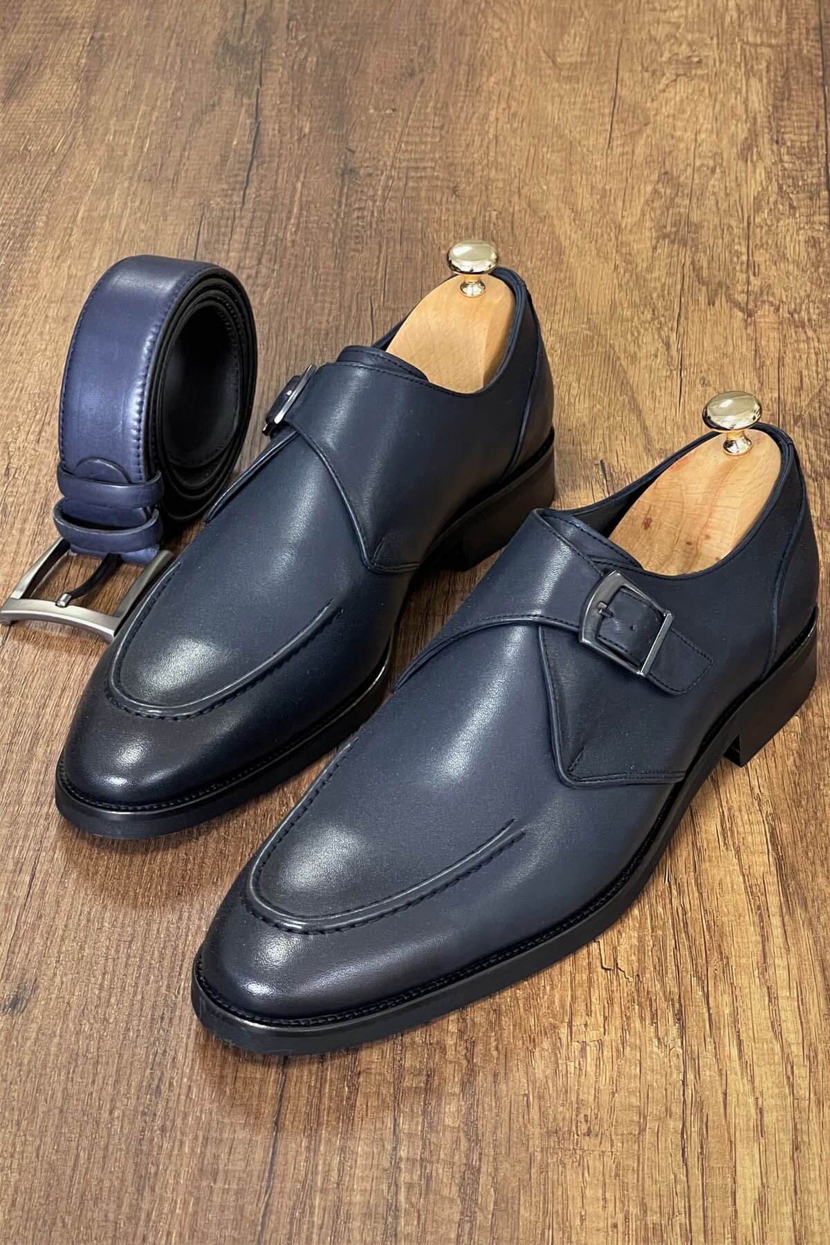 Navy Blue Calfskin Leather Single Monk Strap Shoes - SUITHARBOR