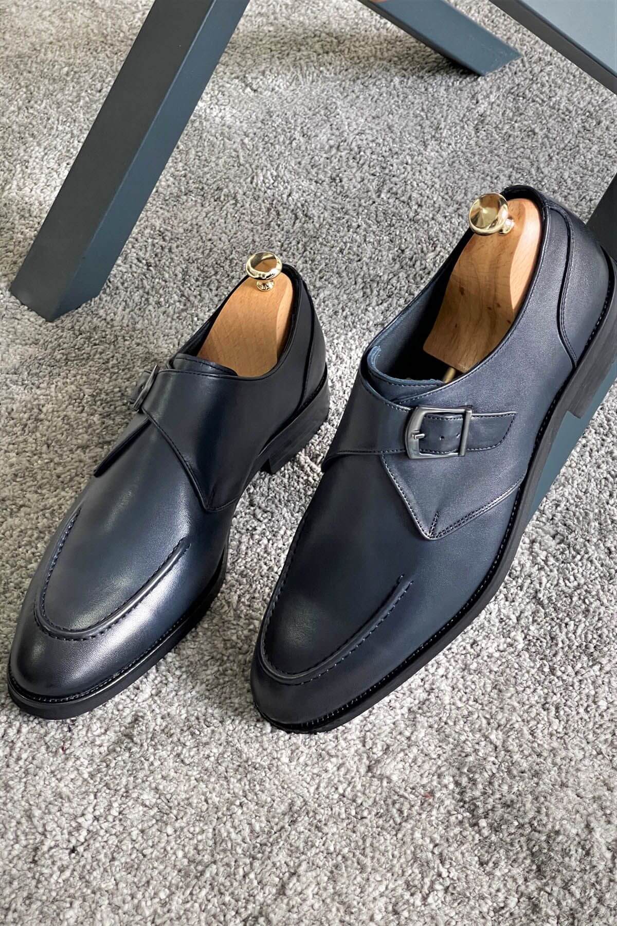Navy Blue Calfskin Leather Single Monk Strap Shoes - SUITHARBOR