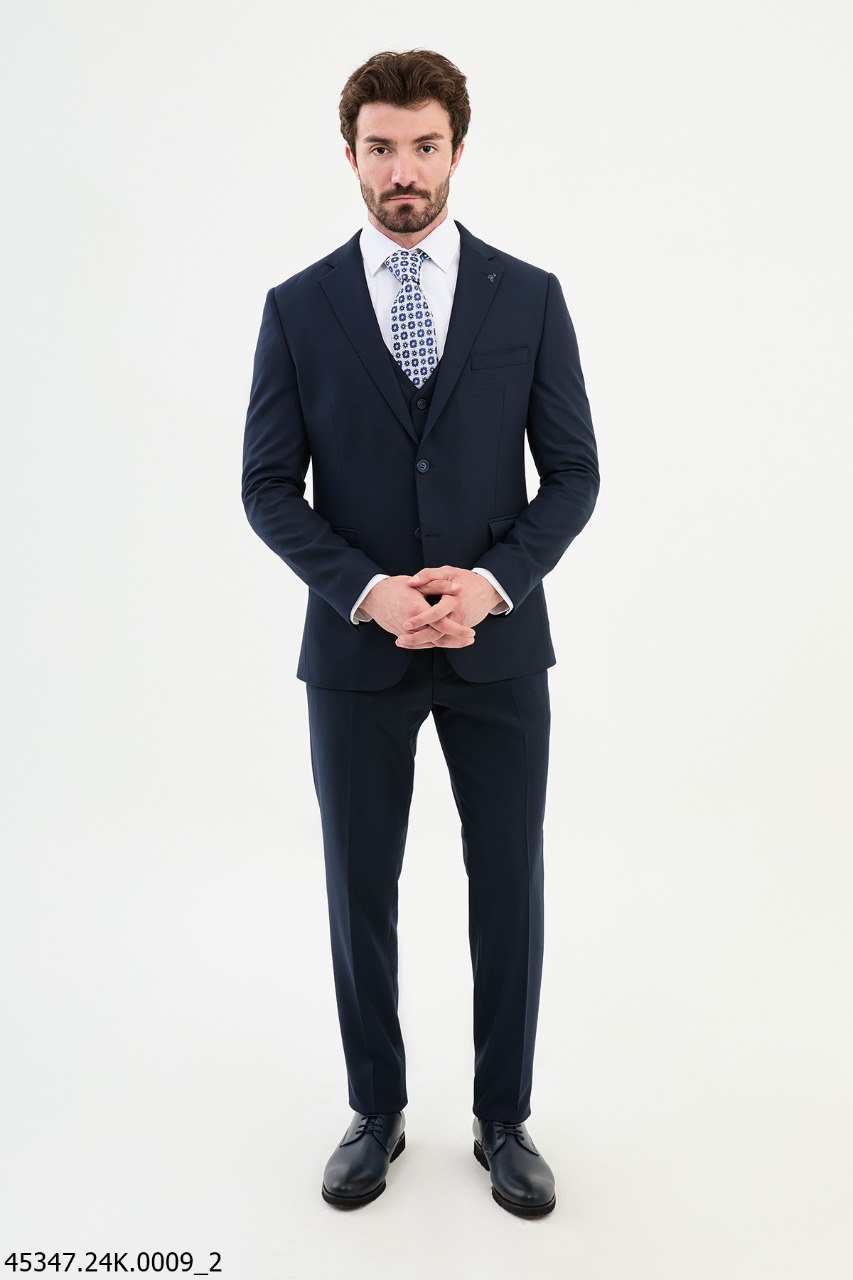 Navy Blue Three - Piece Slim Fit Suit - SUITHARBOR