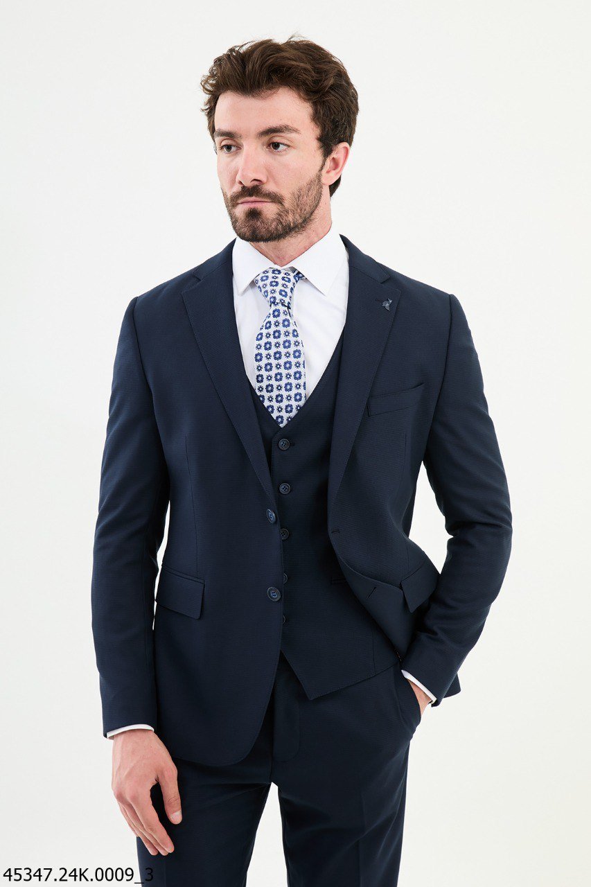 Navy Blue Three - Piece Slim Fit Suit - SUITHARBOR