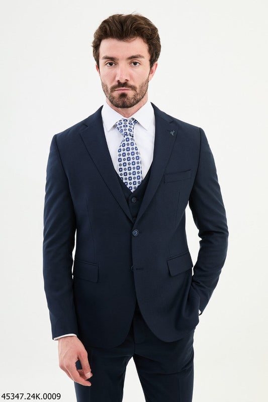 Navy Blue Three - Piece Slim Fit Suit - SUITHARBOR