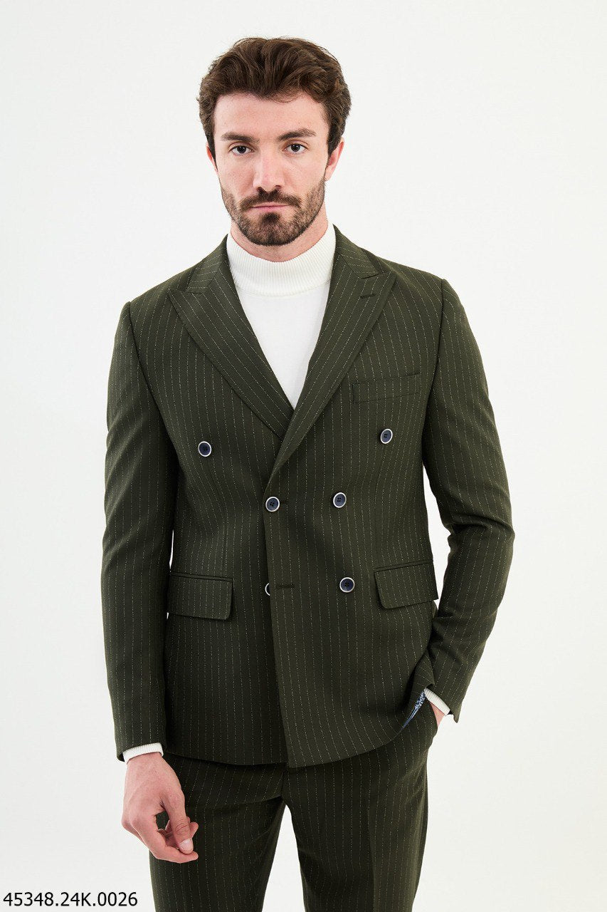 Olive Green Pinstripe Double - Breasted Suit - SUITHARBOR