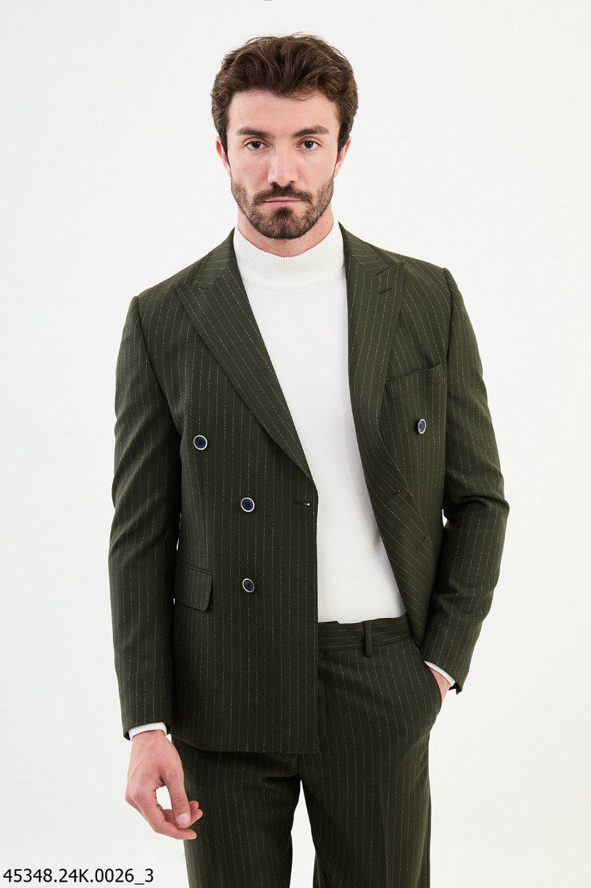 Olive Green Pinstripe Double - Breasted Suit - SUITHARBOR