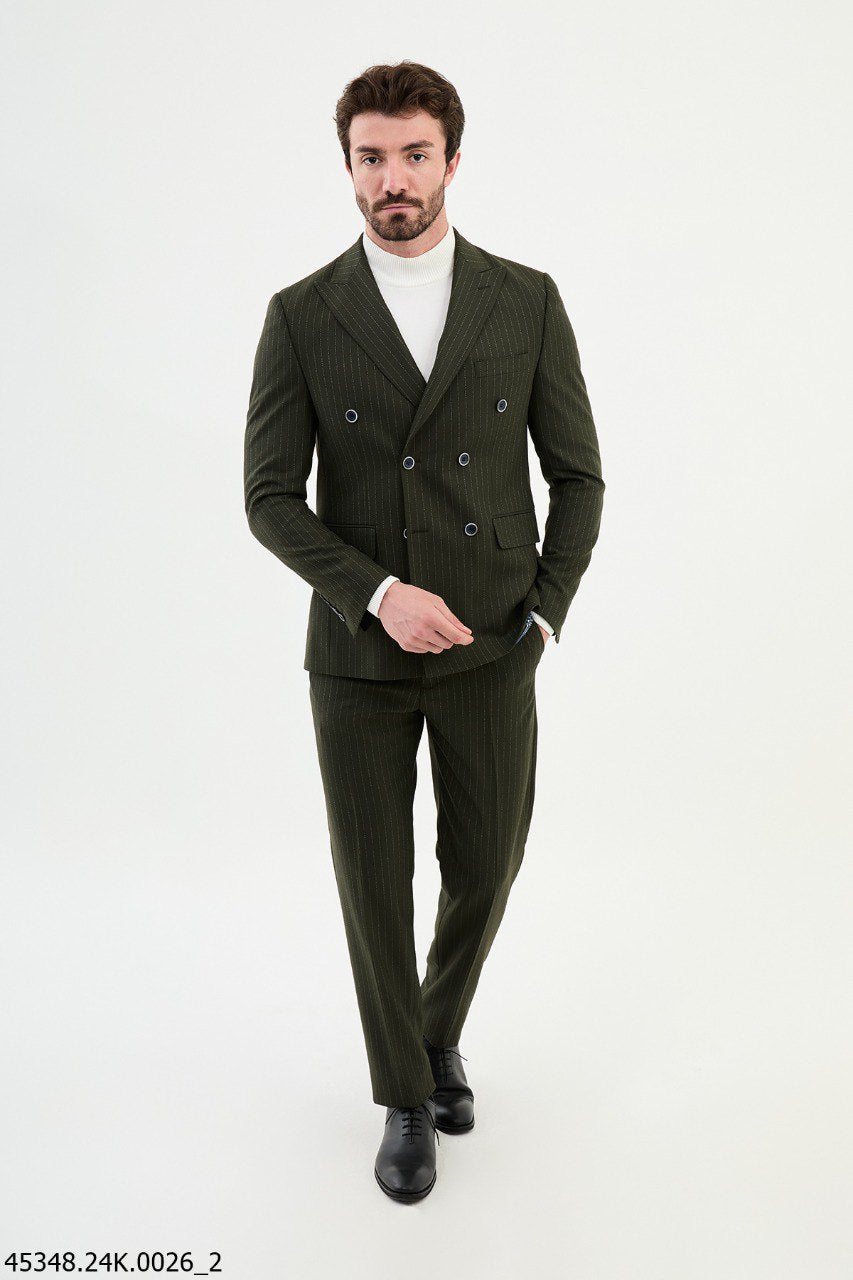 Olive Green Pinstripe Double - Breasted Suit - SUITHARBOR
