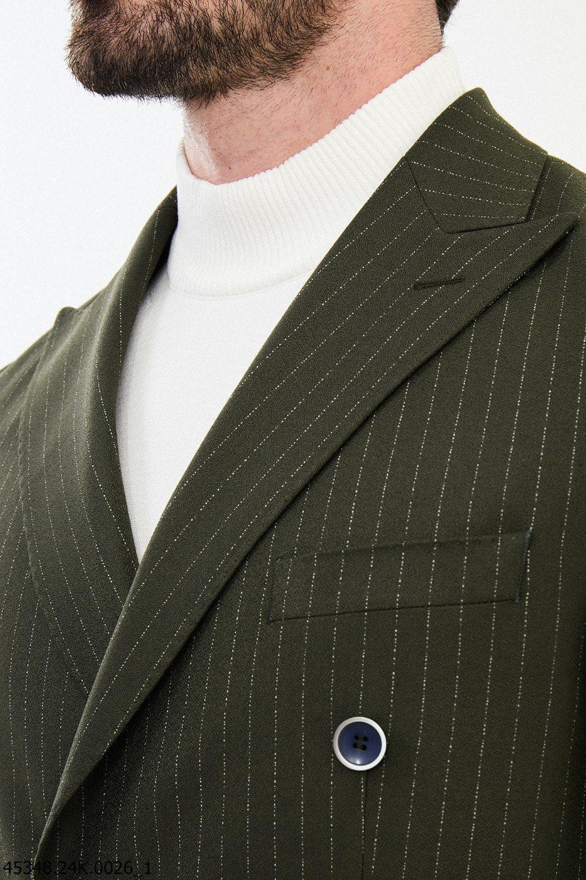 Olive Green Pinstripe Double - Breasted Suit - SUITHARBOR