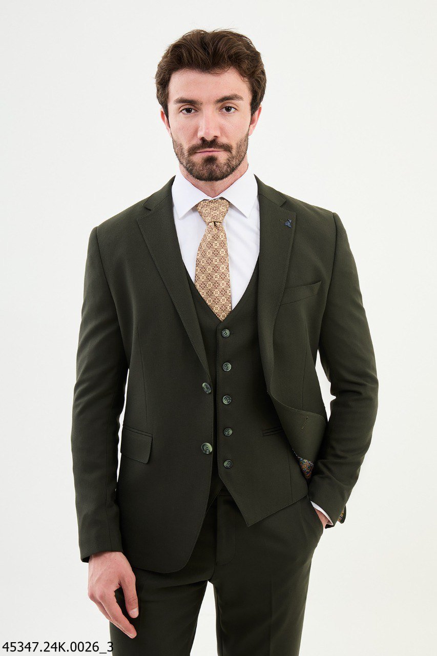 Olive Green Slim Fit Three - Piece Suit - SUITHARBOR