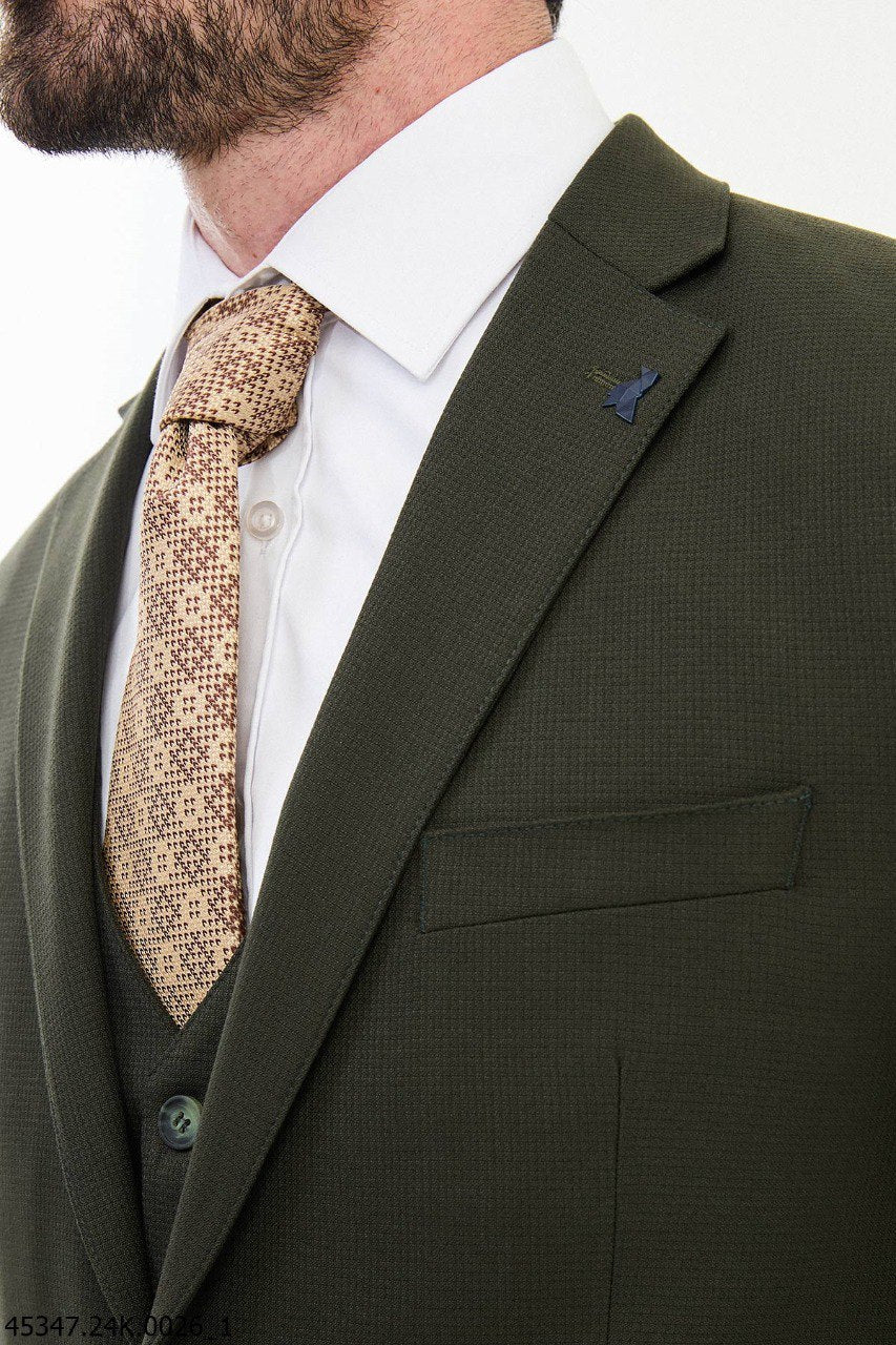 Olive Green Slim Fit Three - Piece Suit - SUITHARBOR