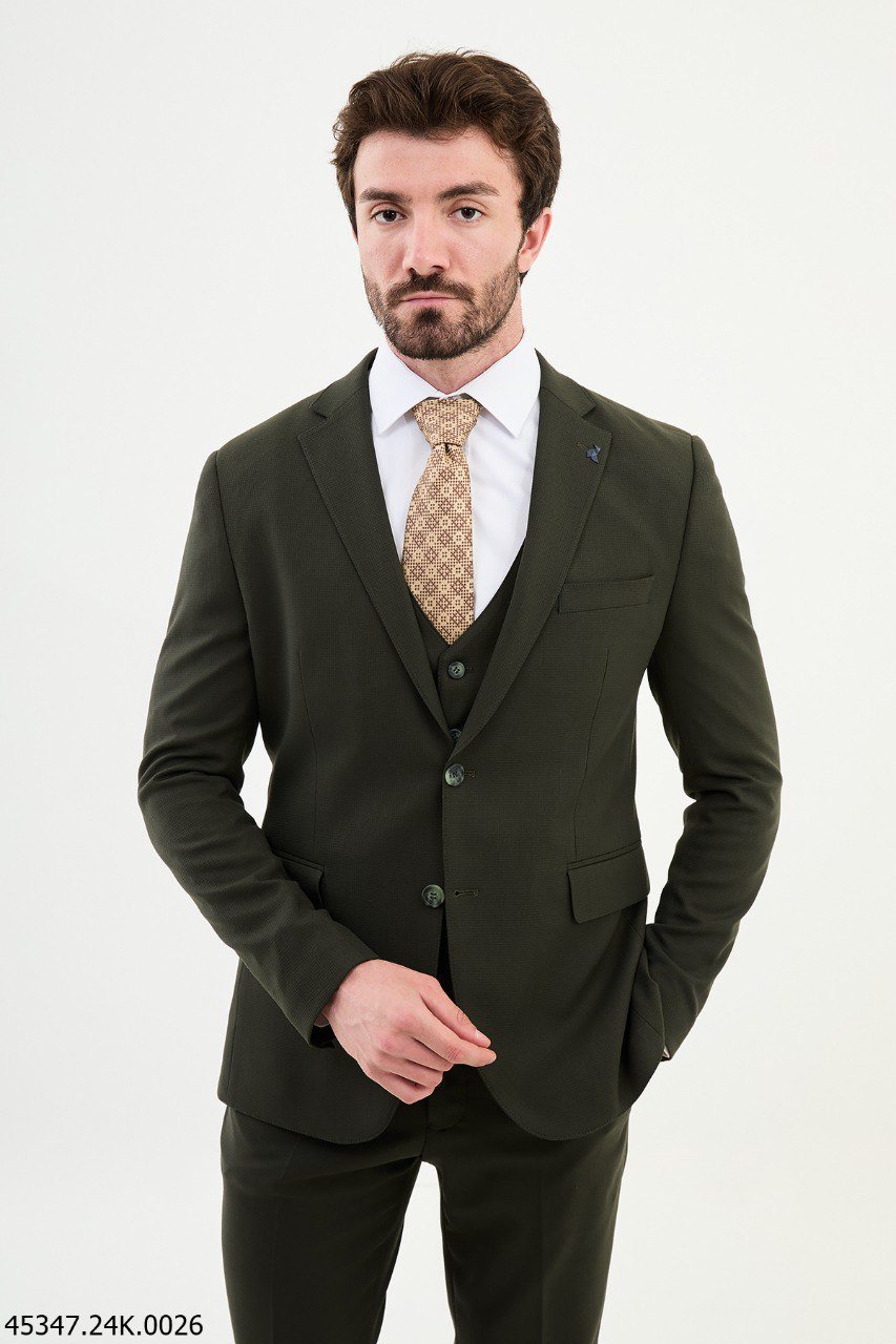 Olive Green Slim Fit Three - Piece Suit - SUITHARBOR