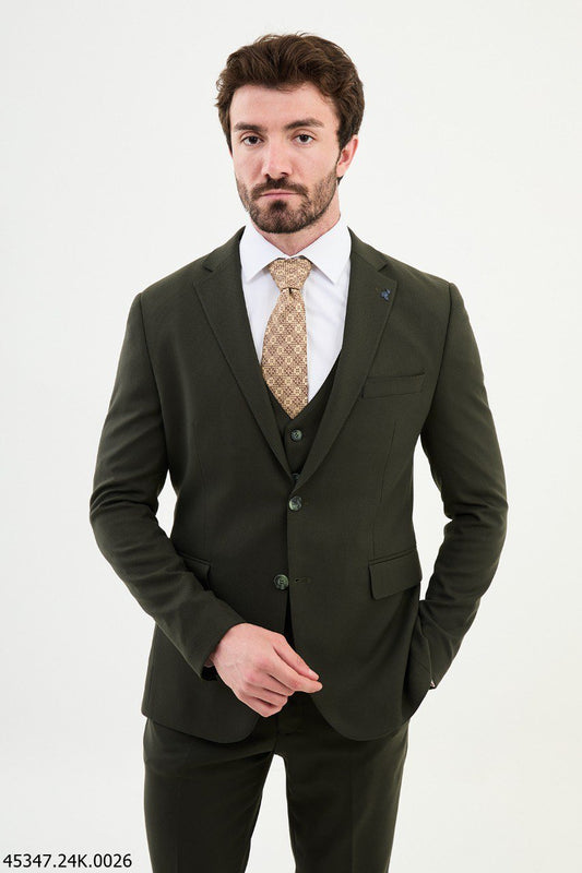 Olive Green Slim Fit Three - Piece Suit - SUITHARBOR