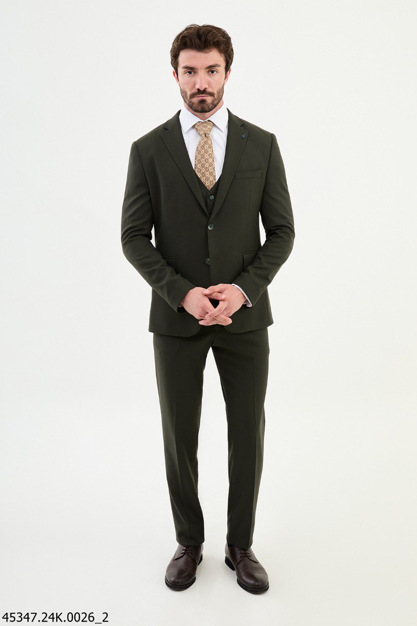 Olive Green Slim Fit Three - Piece Suit - SUITHARBOR