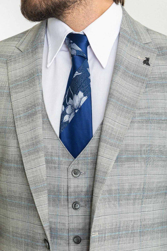 Man wearing a stylish Gray Blue Patterned Suit, perfect for blue gray suit combinations and weddings.