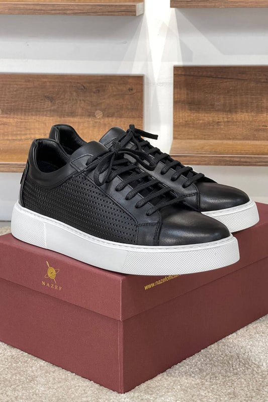Perforated Calfskin Leather Sneakers in Black and White - SUITHARBOR