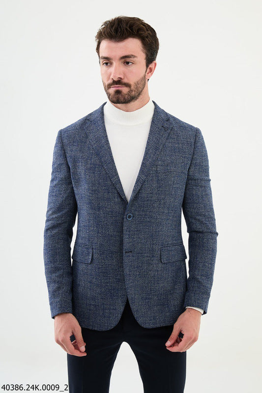 Navy Herringbone Slim Fit Blazer