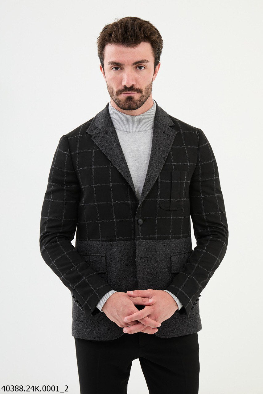 Modern Black Plaid Cotton-Poly Blazer