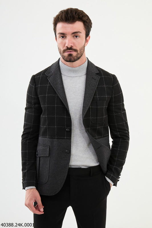 Modern Black Plaid Cotton-Poly Blazer