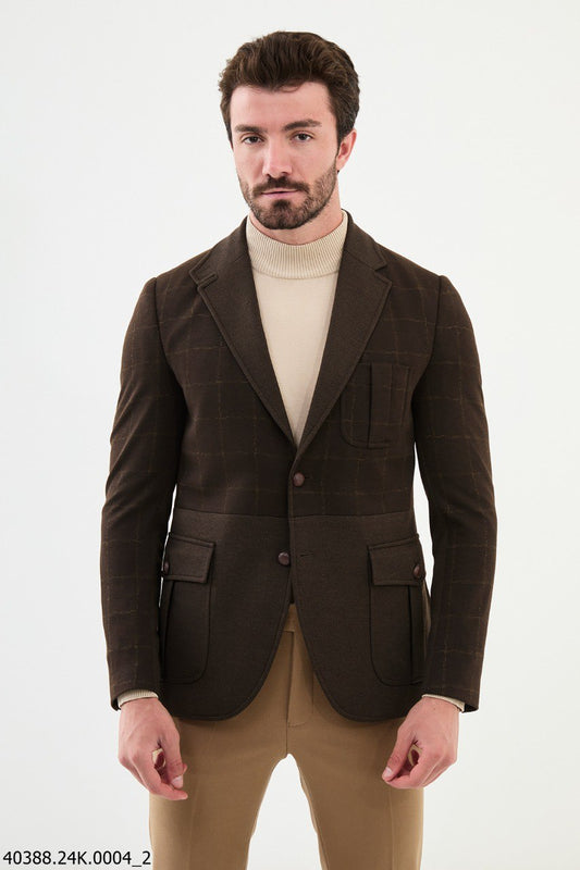 Suitharbor Brown Grid Patterned Slim Fit Blazer