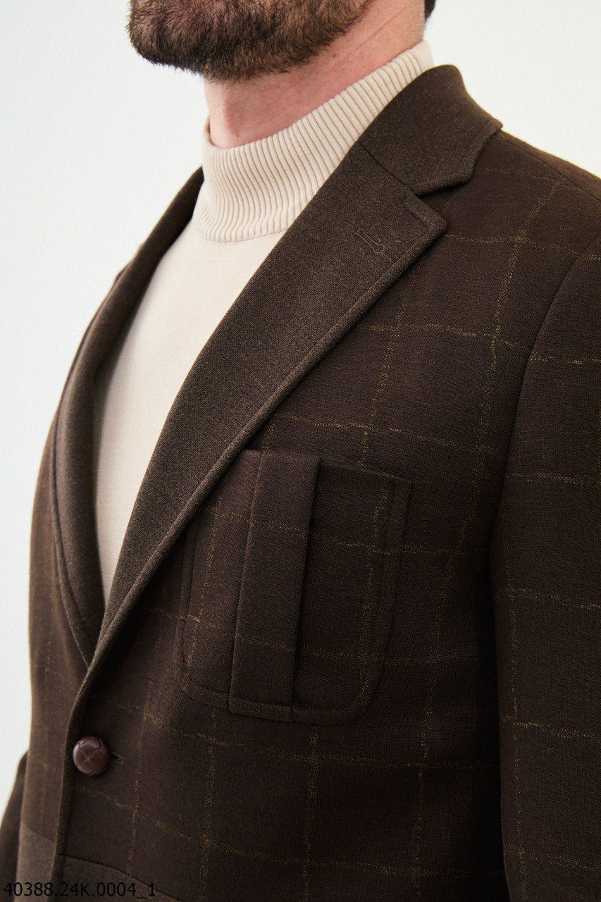 Suitharbor Brown Grid Patterned Slim Fit Blazer