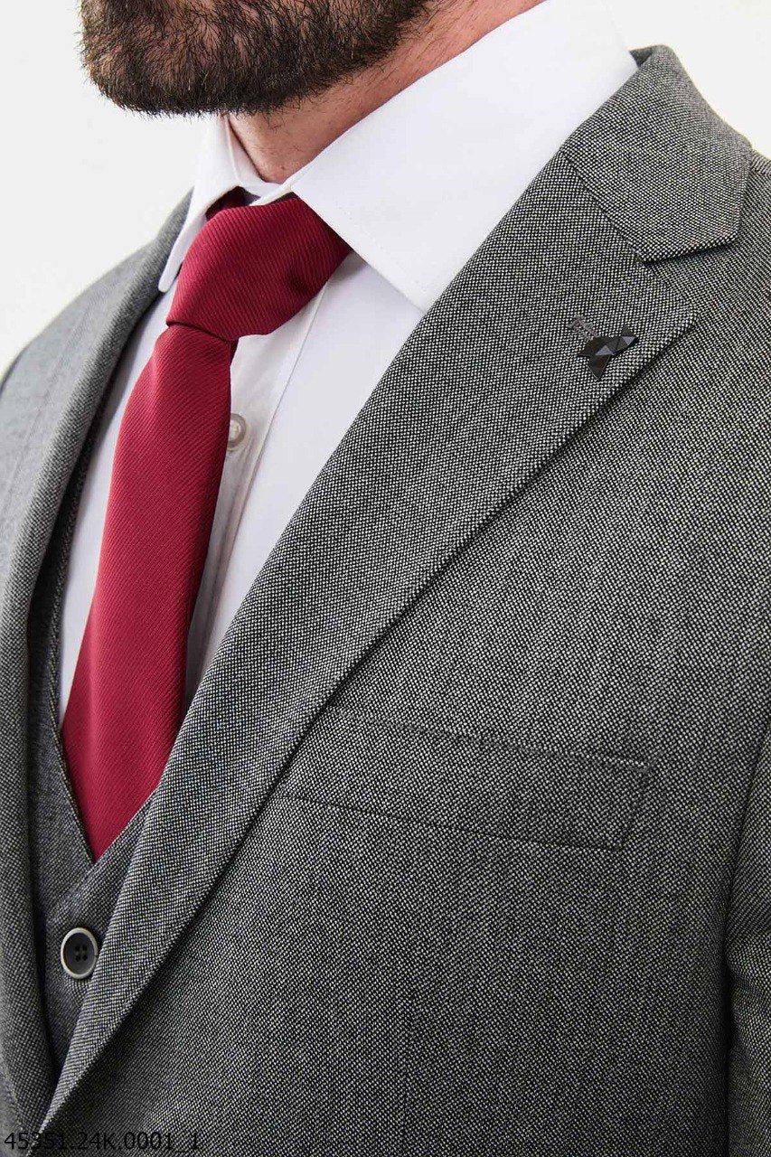 Classic Gray Three-Piece Suit with Bold Crimson Tie