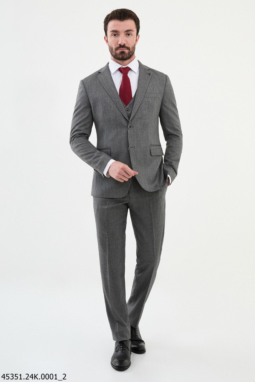 Classic Gray Three-Piece Suit with Bold Crimson Tie