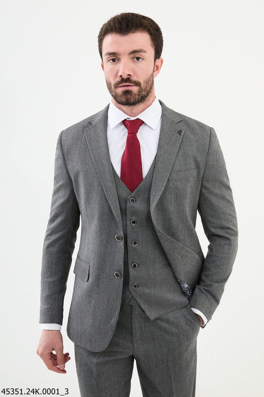 Classic Gray Three-Piece Suit with Bold Crimson Tie