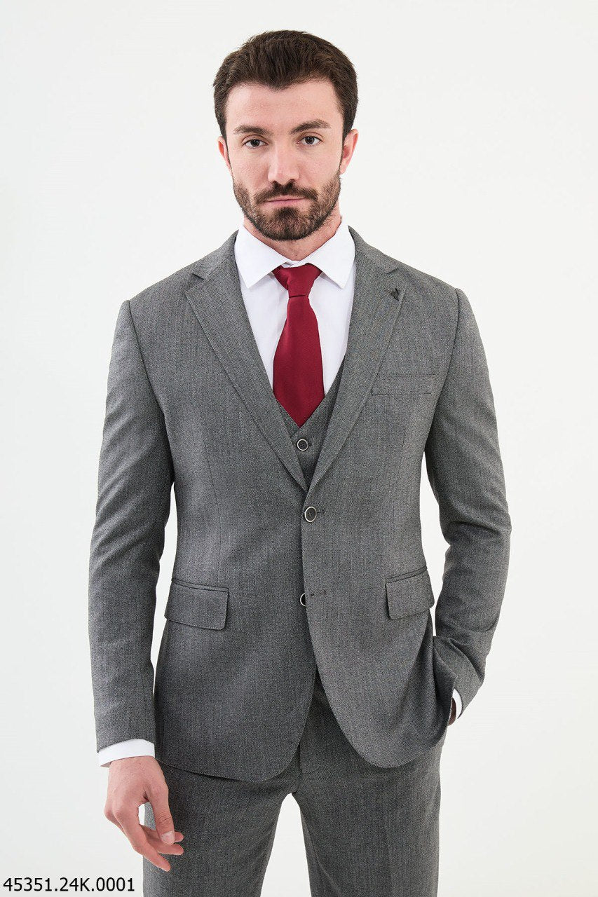 Classic Gray Three-Piece Suit with Bold Crimson Tie