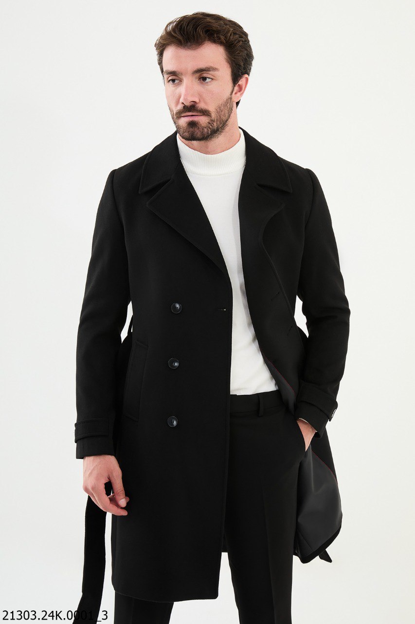 Men's Classic Black Double-Breasted Trench Coat with Belted Waist