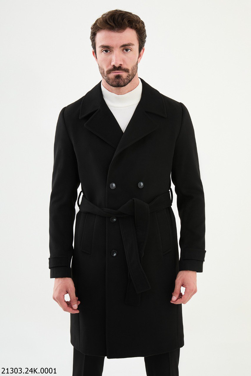 Men's Classic Black Double-Breasted Trench Coat with Belted Waist