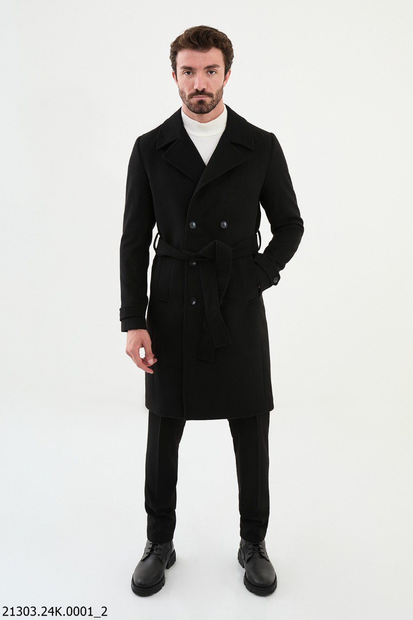 Men's Classic Black Double-Breasted Trench Coat with Belted Waist