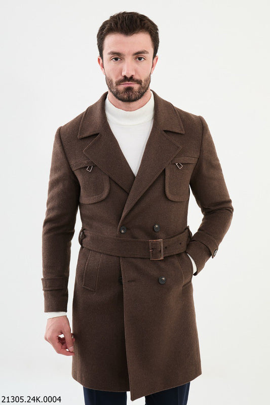 Men's Brown Belted Double-Breasted Trench Coat