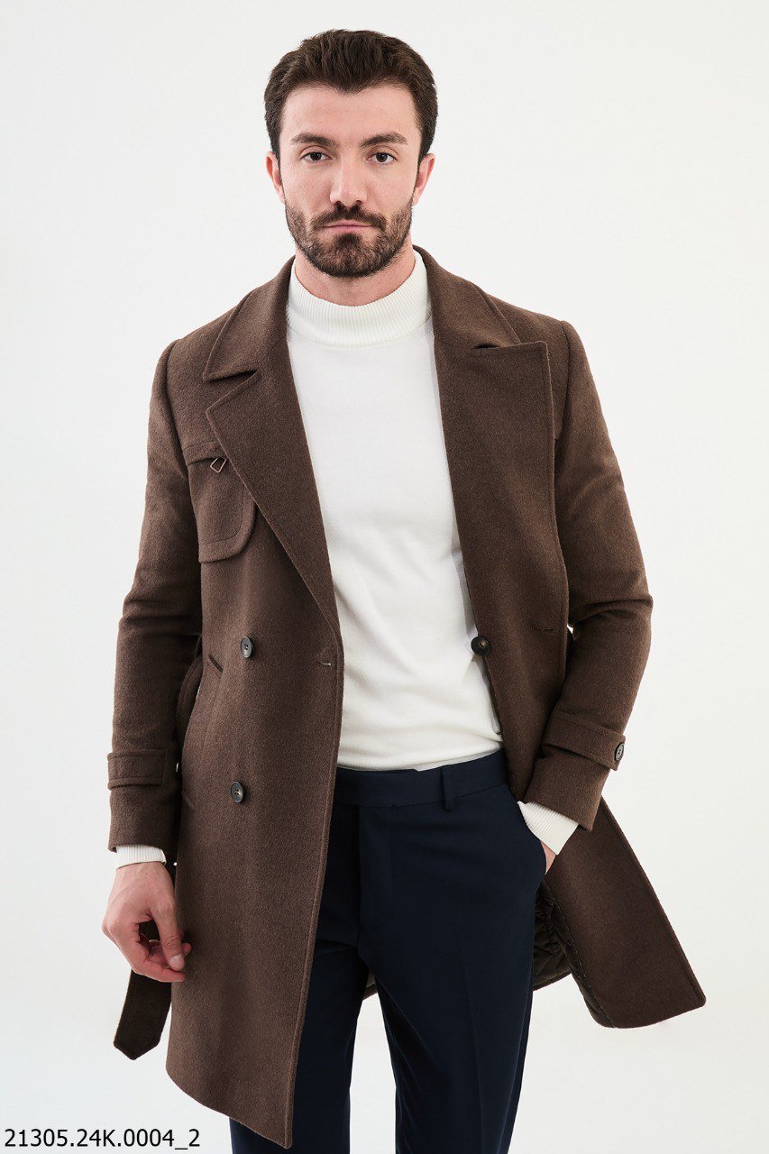 Men's Brown Belted Double-Breasted Trench Coat