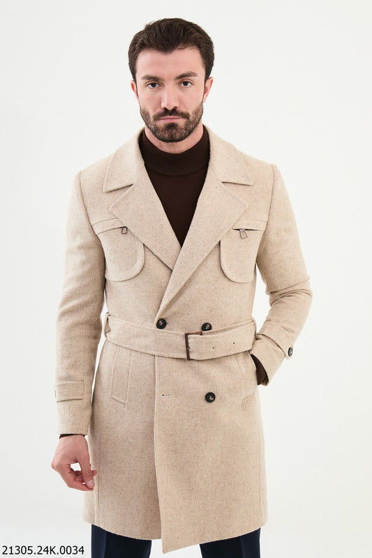 Men's Beige Double-Breasted Trench Coat