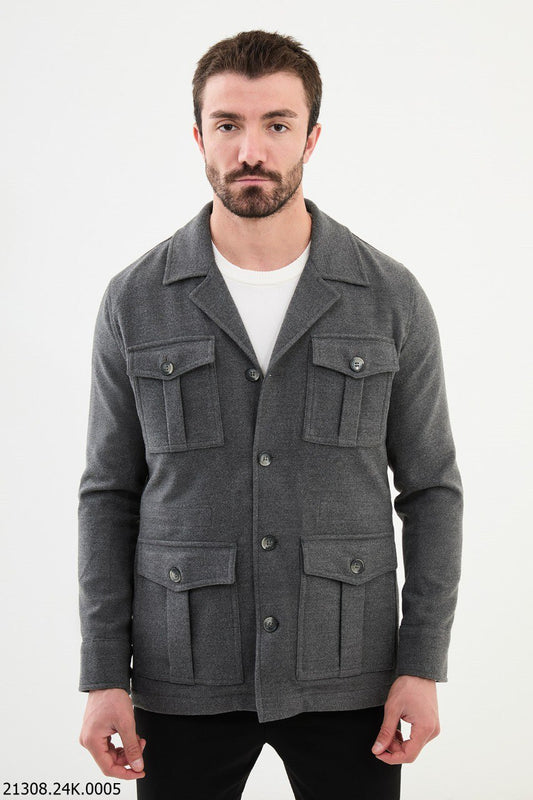 Men's Grey Military-Inspired Pocket Coat