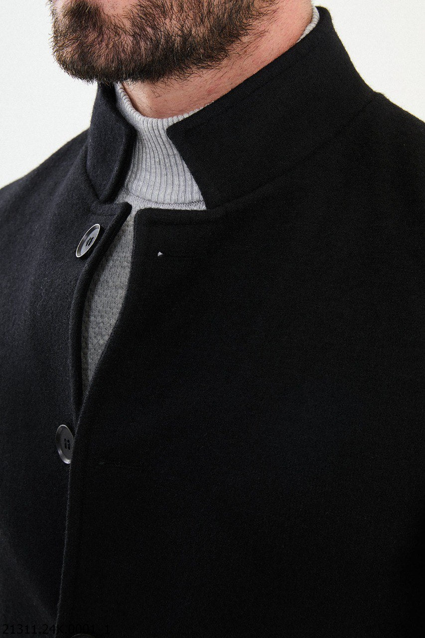 Men's Black Stand Collar Button-Up Overcoat