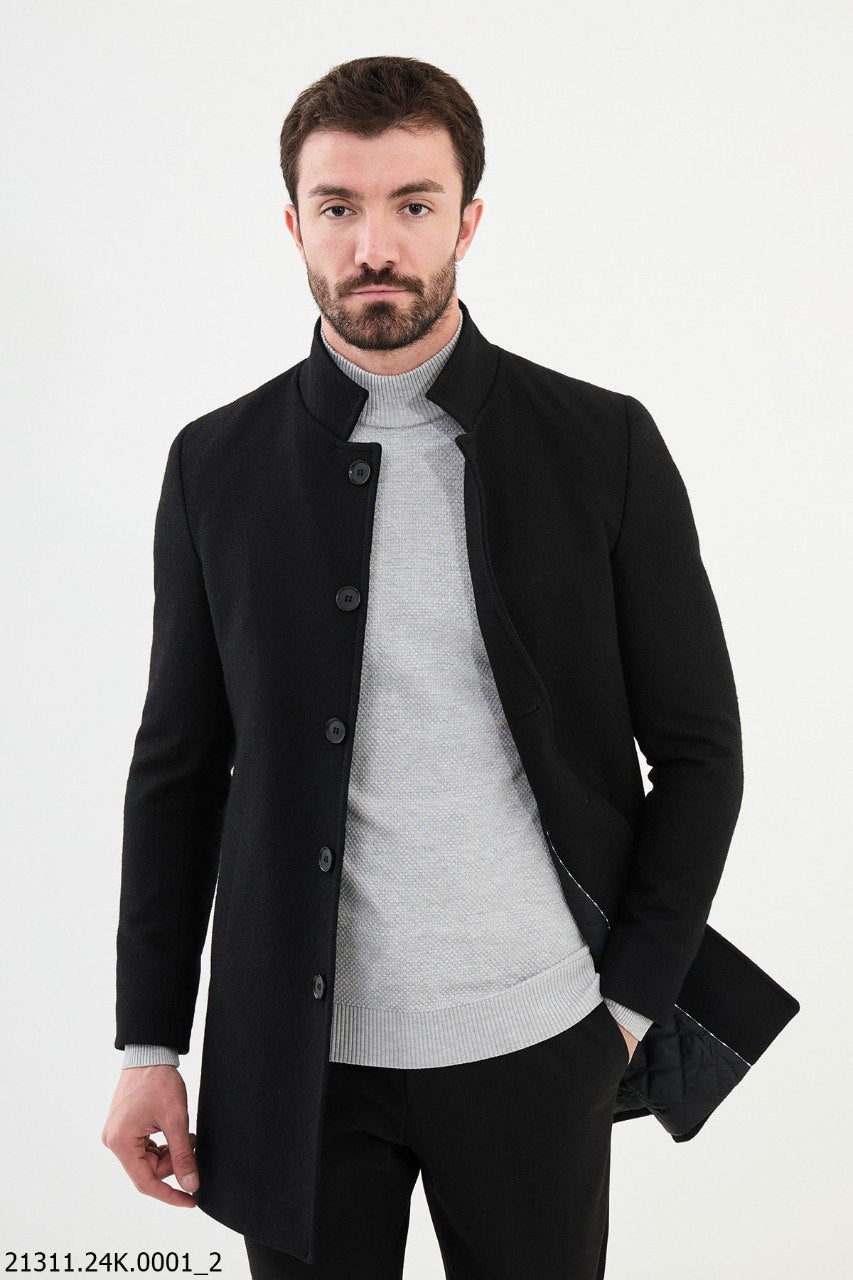 Men's Black Stand Collar Button-Up Overcoat