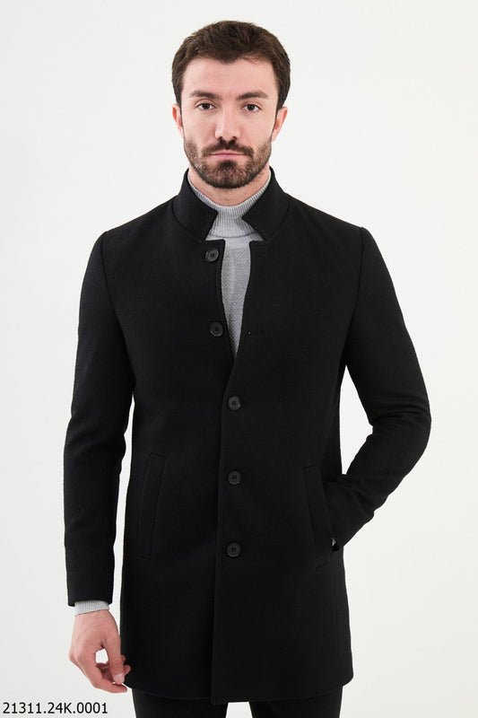 Men's Black Stand Collar Button-Up Overcoat