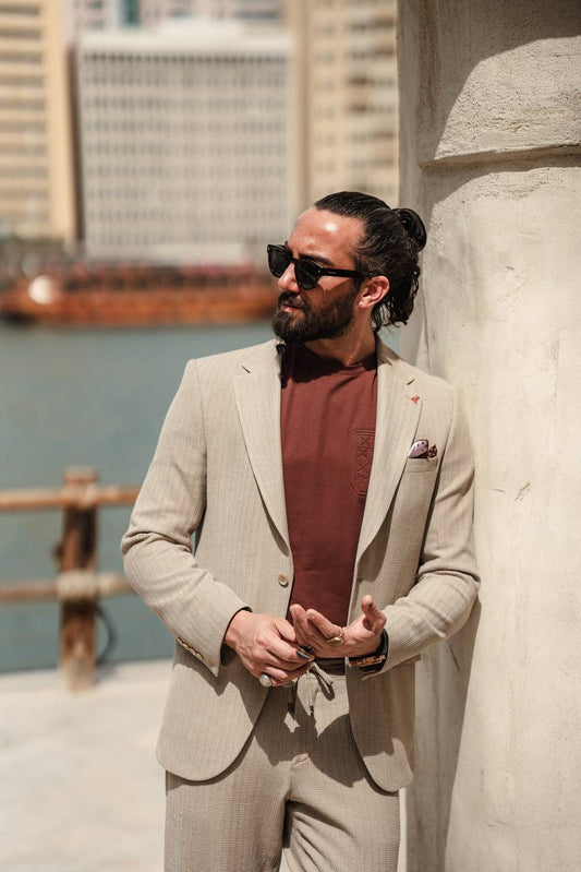SUITHARBOR™ Beige Houndstooth Suit
