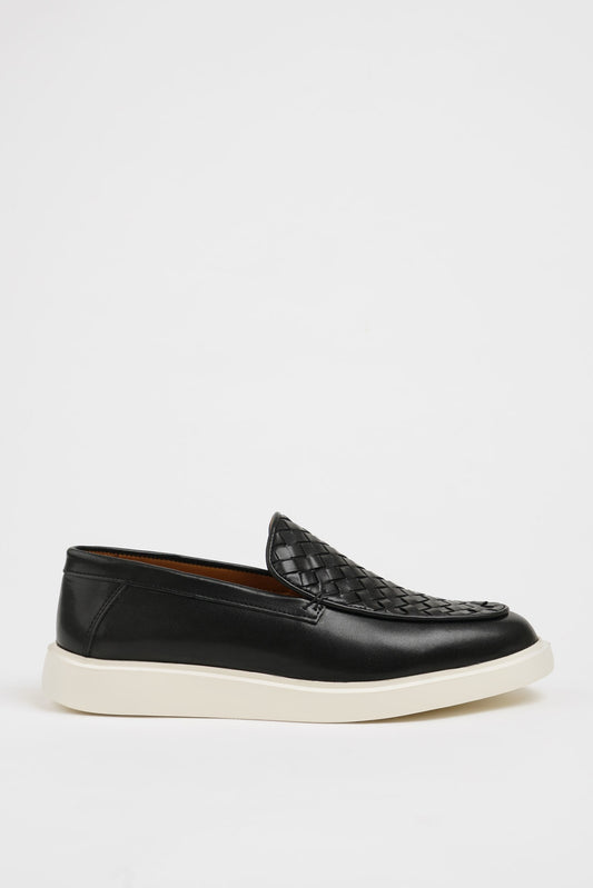 SUITHARBOR Black Woven Leather Slip-On Loafers for Men