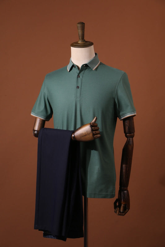 Pine Green Polo Shirt in Mulberry Silk & Velvet Blend - SUITHARBOR