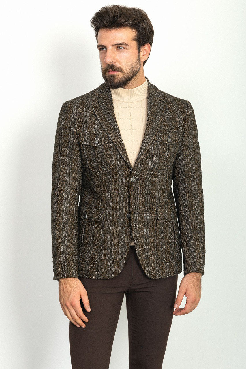 Man wearing a Chestnut Tweed Blazer with a pointed collar, flap pockets, and a slim fit, perfect for autumn gatherings and business meetings.