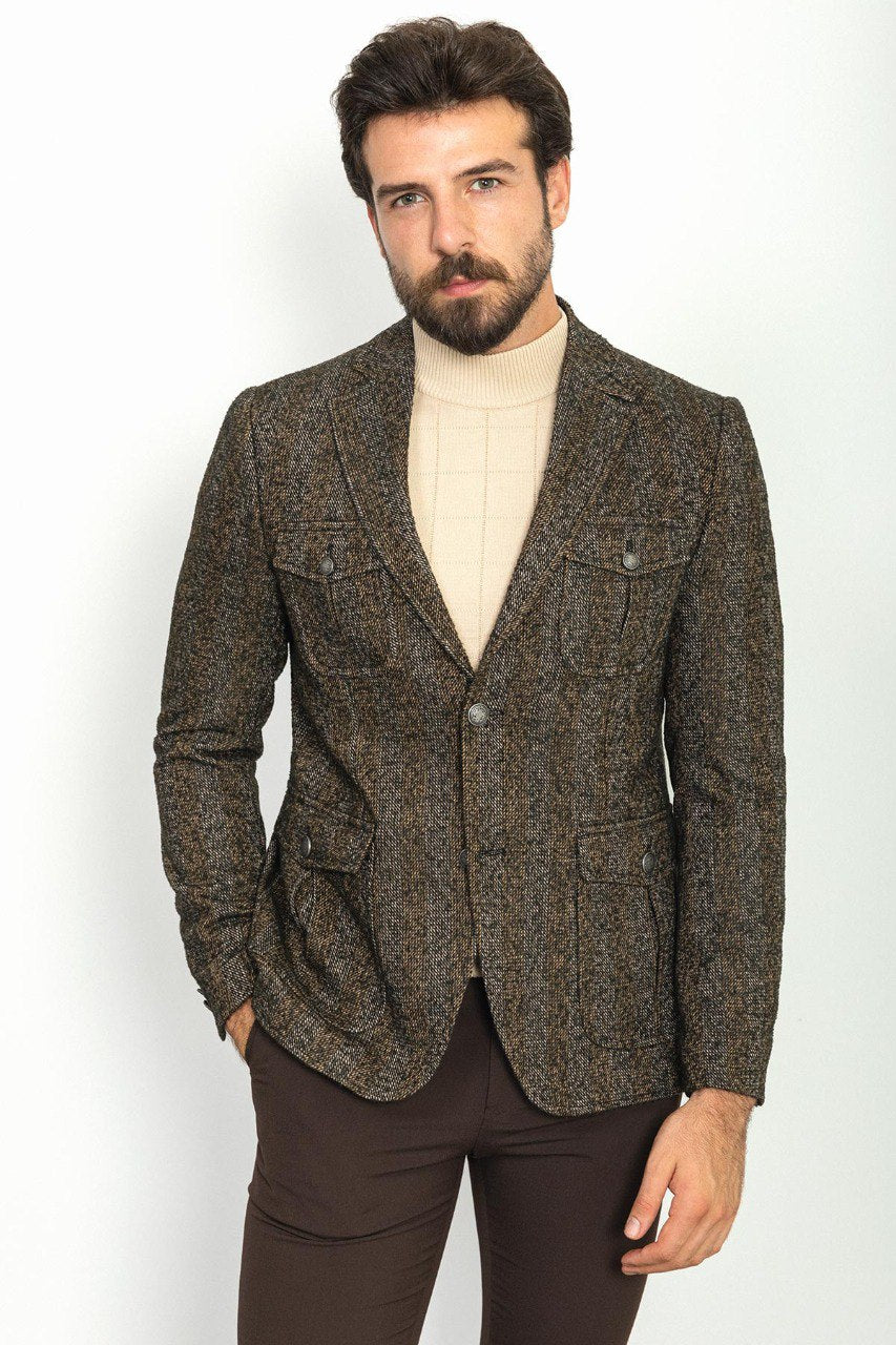 Man wearing a Chestnut Tweed Blazer with a pointed collar, flap pockets, and a slim fit, perfect for autumn gatherings and business meetings.