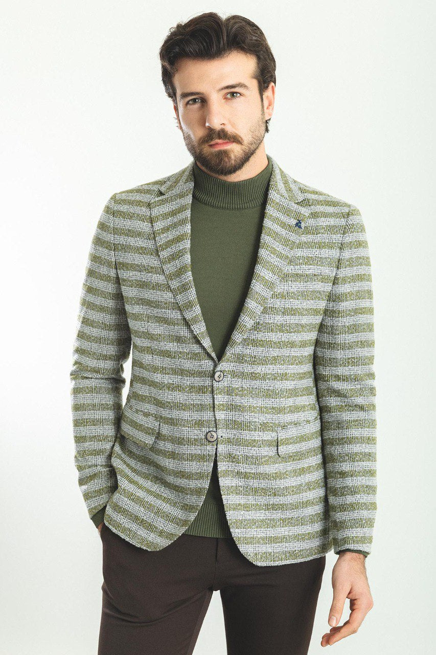 Man wearing a Sage Glen Check Blazer with a pointed collar, flap pockets, and a slim fit, perfect for business meetings and casual outings.