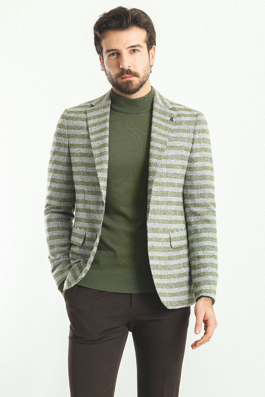 Man wearing a Sage Glen Check Blazer with a pointed collar, flap pockets, and a slim fit, perfect for business meetings and casual outings.