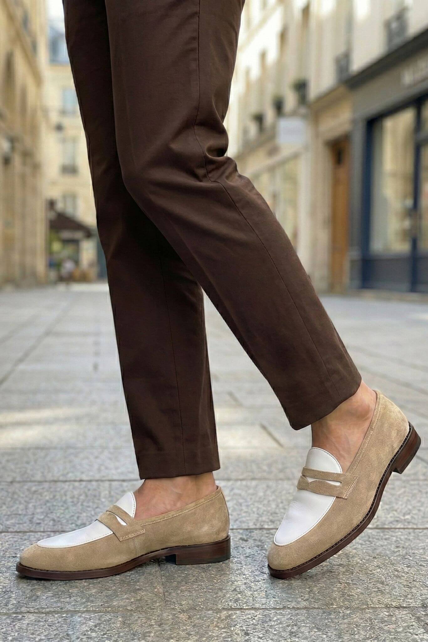 Riviera Beige Two - Tone Suede Penny Loafers - SUITHARBOR