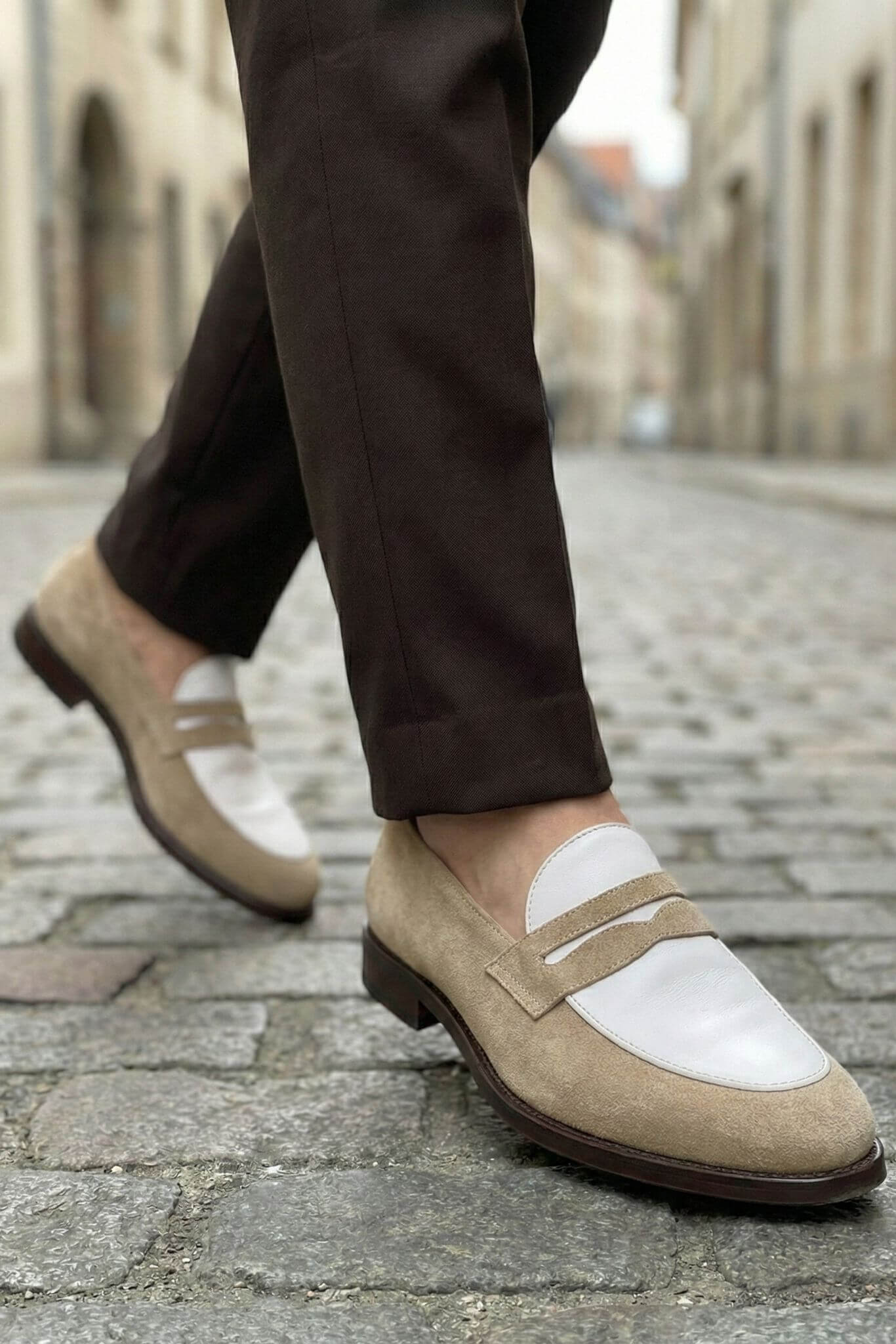 Riviera Beige Two - Tone Suede Penny Loafers - SUITHARBOR